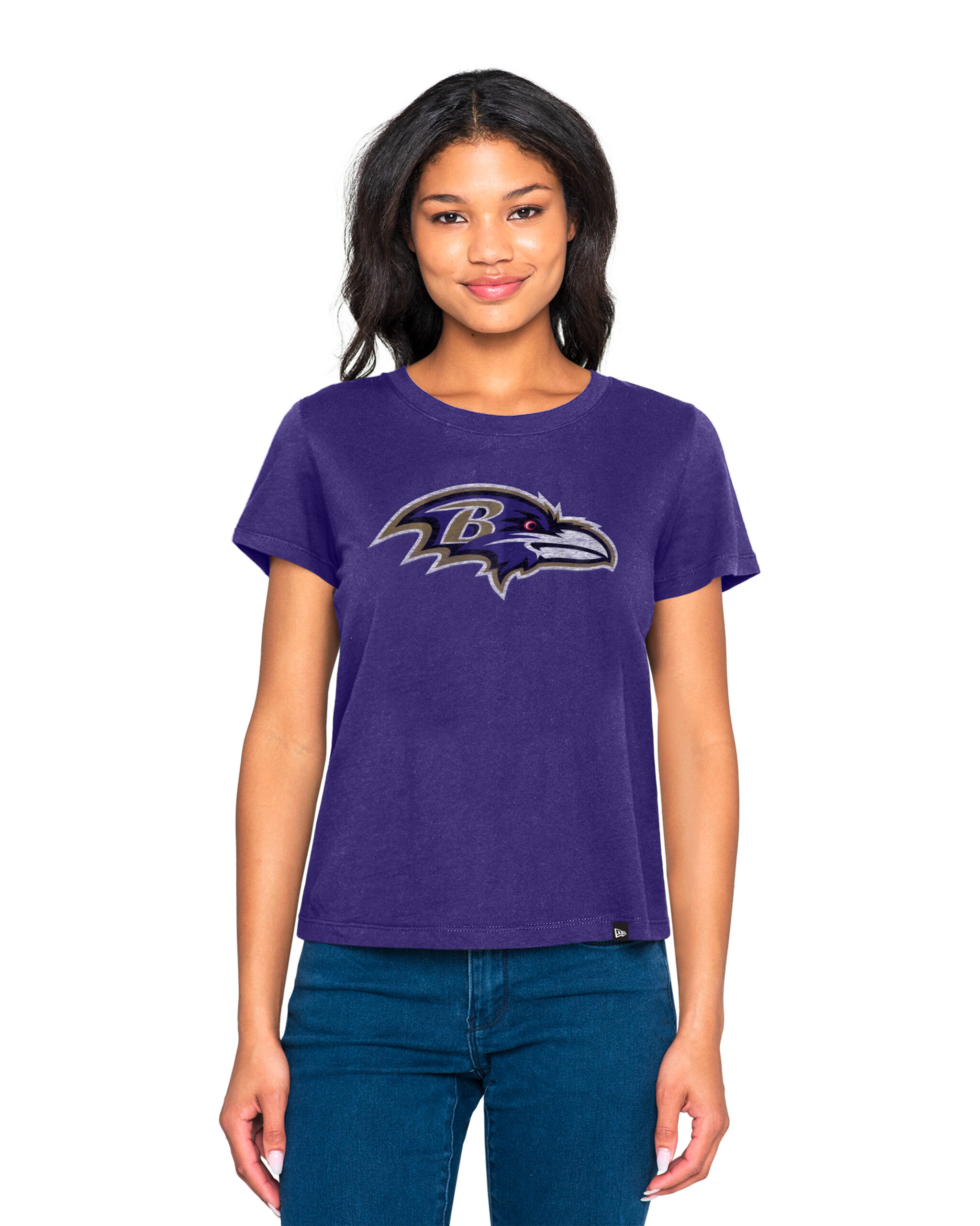 Baltimore Ravens Ladies Distressed Primary Logo S/S T-Shirt (Purple)